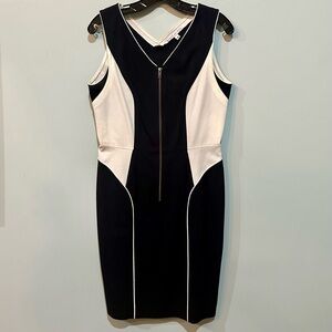 Donna Degnan Colorblock Bodycon slimming Black and White Sheath  Midi Dress, 8